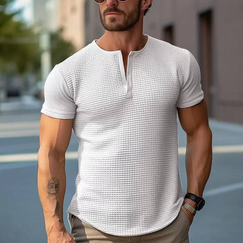 

2023 Men's Summer Short-sleeved T-shirt Honeycomb Lattice Knitted Splicing Slim-fit Muscle Tee Shirt Leisure Office Holiday Tops