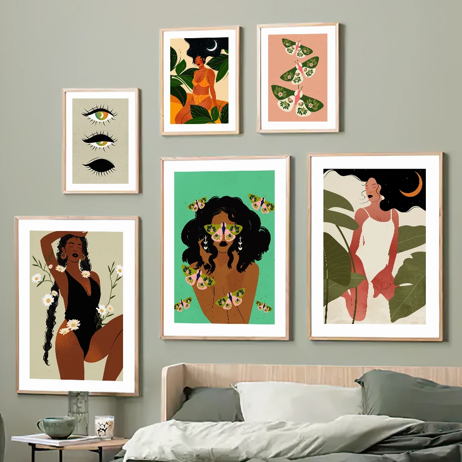 

Flower Butterfly Girl Eye Tropical Leaves Wall Art Canvas Painting Nordic Posters And Prints Wall Pictures For Living Room Decor