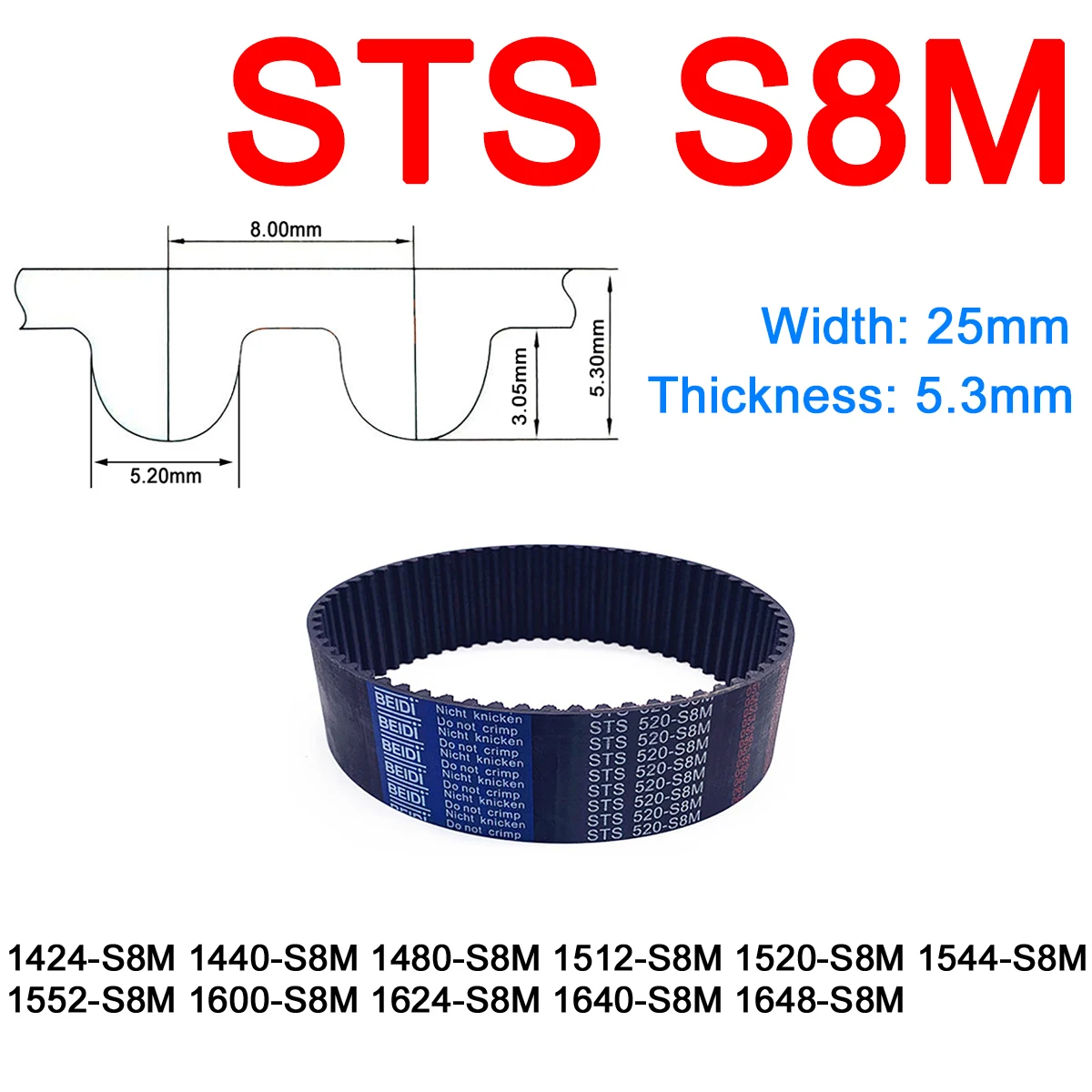 

1Pc Width 25mm S8M Rubber Arc Tooth Timing Belt Pitch Length 1424 1440 1480 1512 1520 1544 1552 1600 1624 1640 1648mm Drive Belt