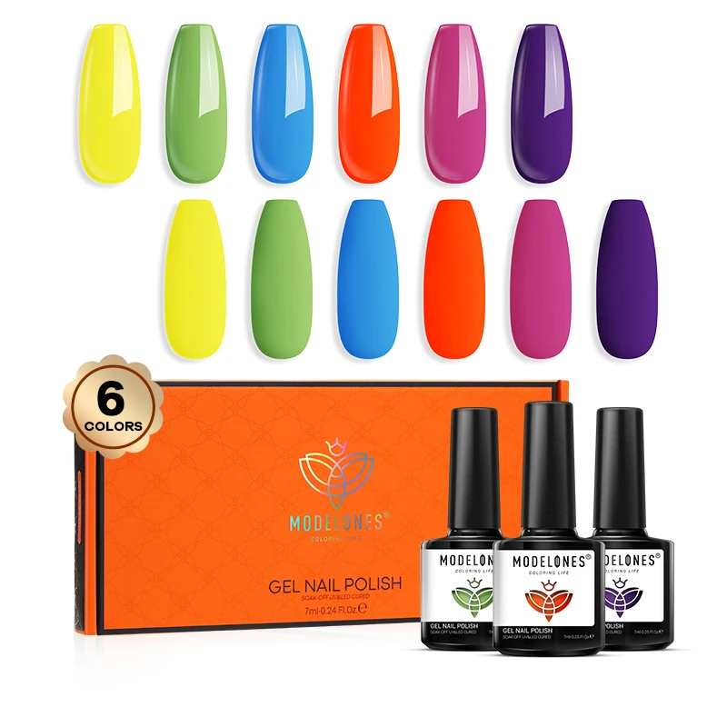 

Modelones 6pcs/box Neon Bright Glitter Color Series Semi Permanent Soak Off UV LED Nail Art Gels Polish Nail Polish Case