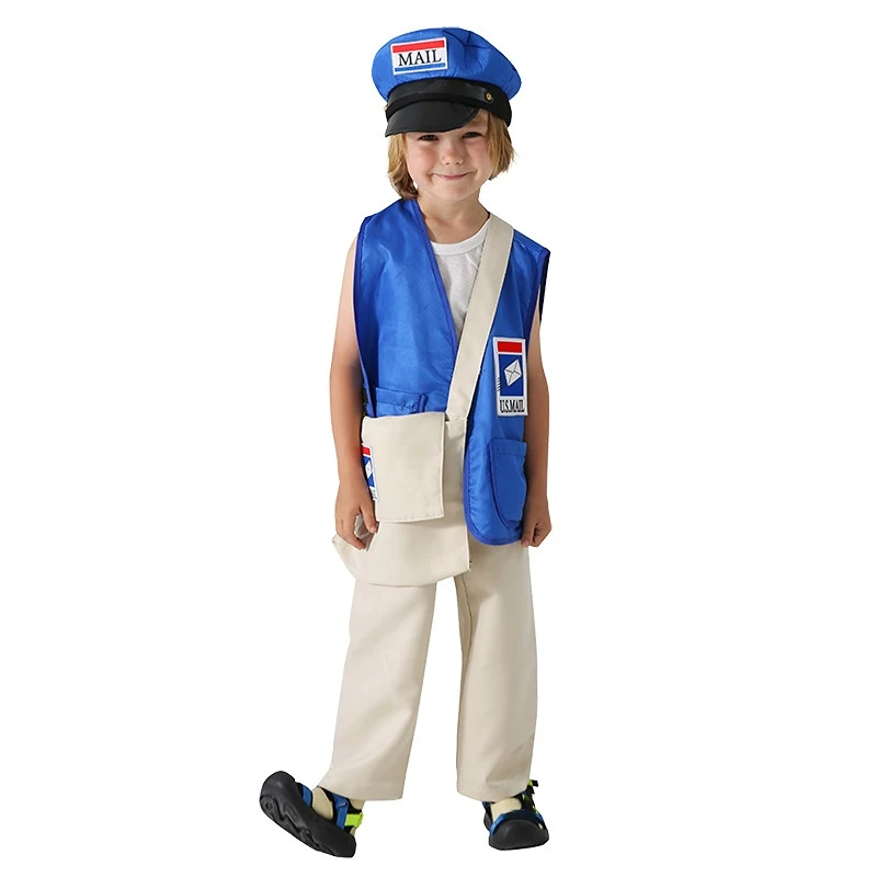 

Mail Carrier Post Officer Cosplay Outfit for Kids Halloween Party Role Play Boys Girls School Show Performance Hat Vest Bag Set