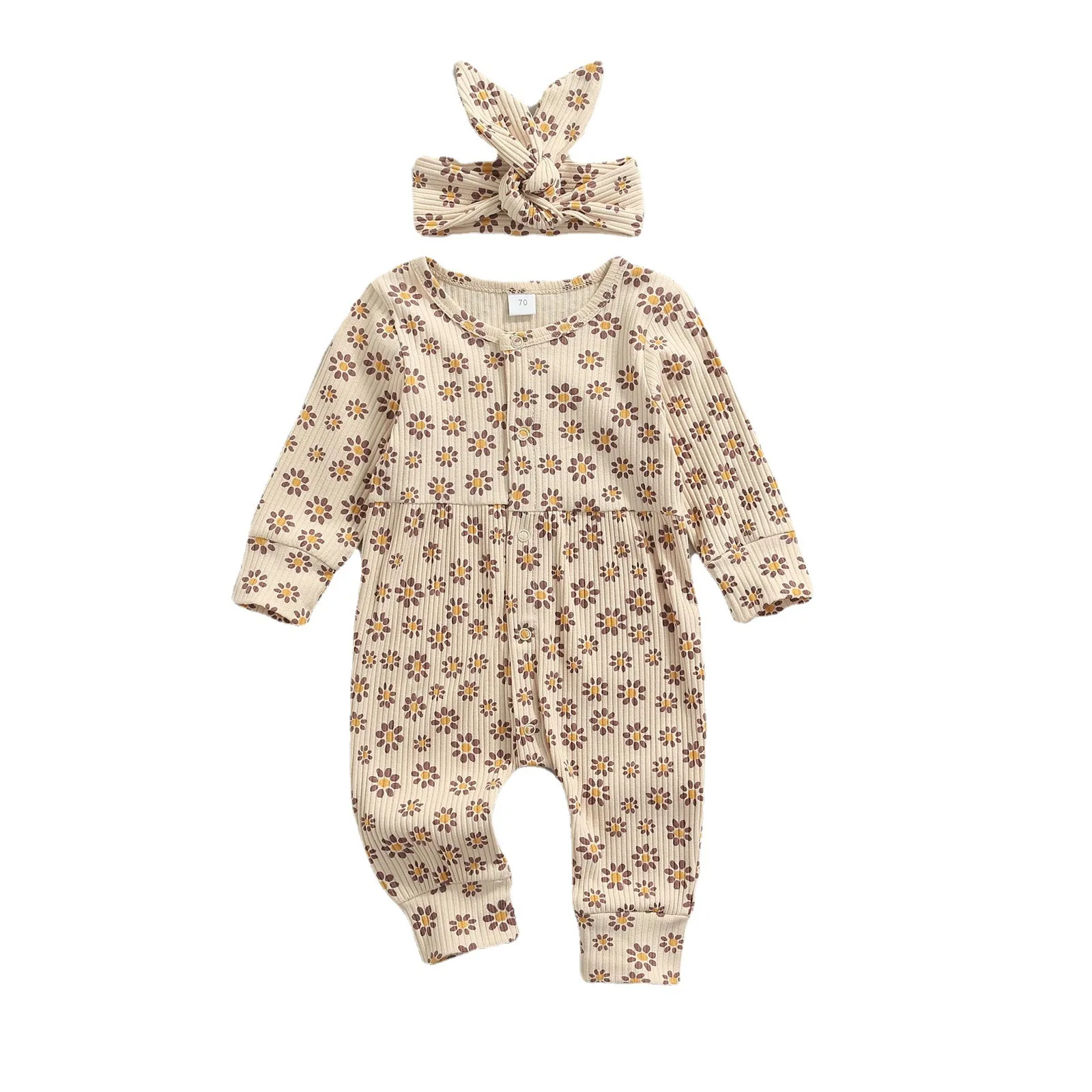 

Baby Spring Autumn Clothing Newborn Infant Baby Girls Cotton Long Sleeves Floral Romper Jumpsuit+Headband Outfit 0-24M