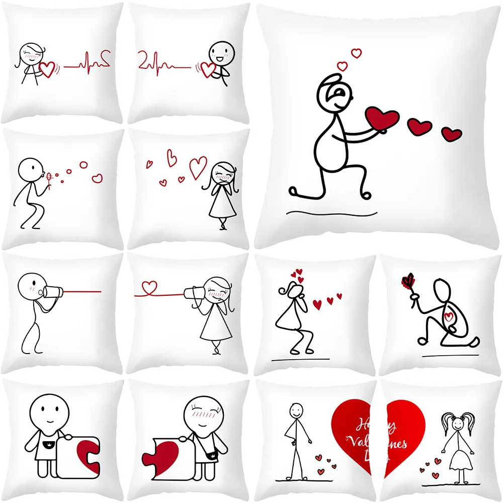 

Valentines Day Cushion Cover Cartoon Pattern Print Office Sofa Pillow Case Couples Home Decor Love Heart Pillow Cover 45x45cm