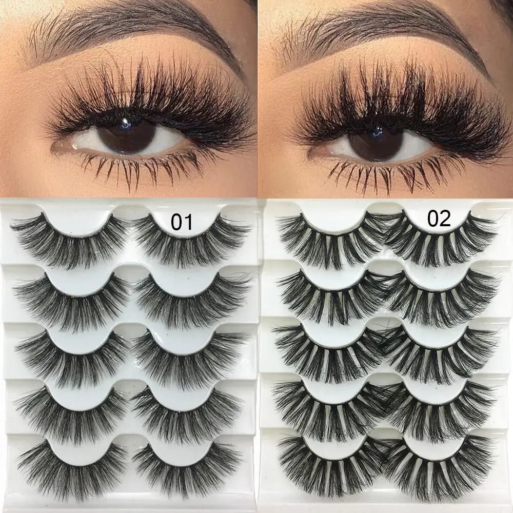 

SKONHED 5 Pairs 3D Faux Mink Hair False Eyelashes Fluffy Wispy Natural Long Lashes Handmade Eye Makeup Extension Tools