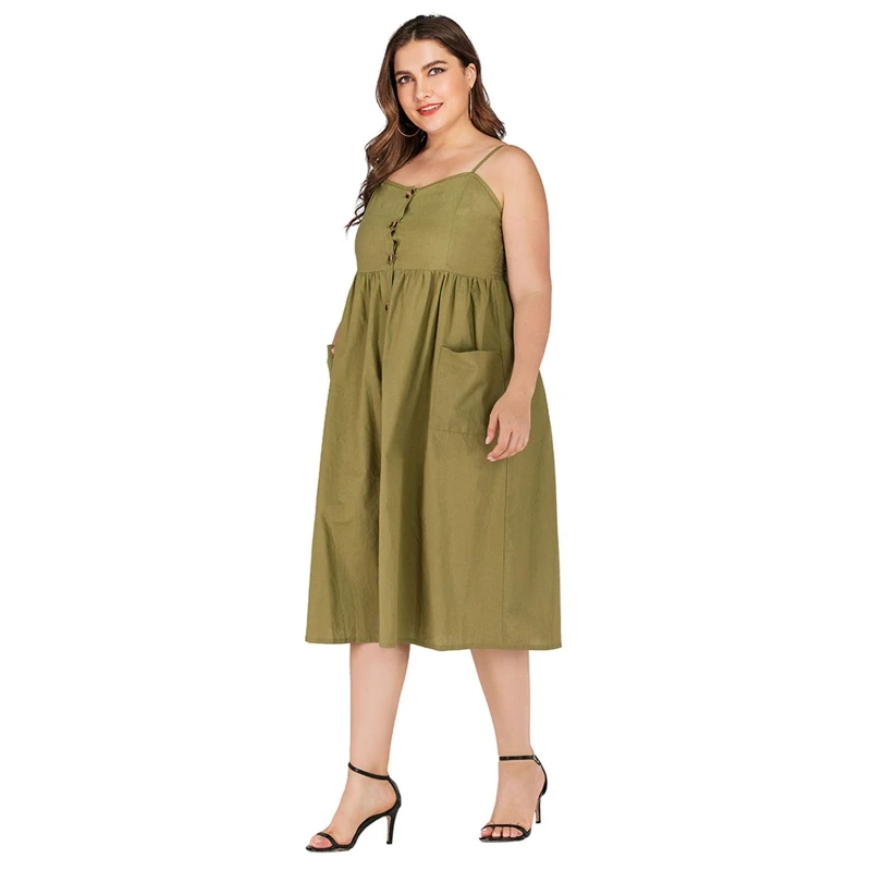 

Womens Plus Size Spaghetti Strap Sexy V Neck Button Front Holiday Loose Dress