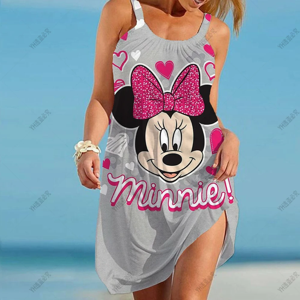 Autumn/Summer New Large Size Disney Minnie Mickey Mouse Sling 3D Printing Urban Casual Women's Beach Skirt Mid-waist Long Dress images - 6