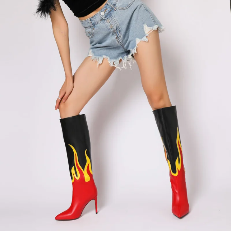 New Fashion Women's Boots Pointed Toe Stiletto Heel Flame Pattern Red Thigh High Boots Colored Painted Knee Length Boots Size44