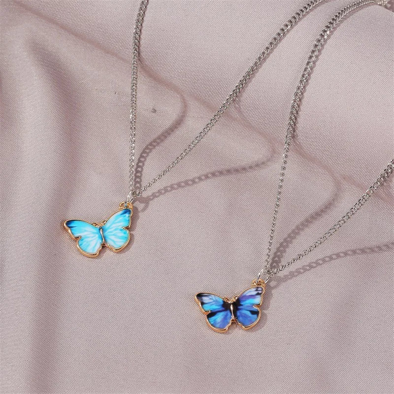 

VSnow Elegant Blue Butterfly Necklace for Women Girls Silver Color Rainbow Pendant Choker Necklaces Fashion Jewelry Accessories