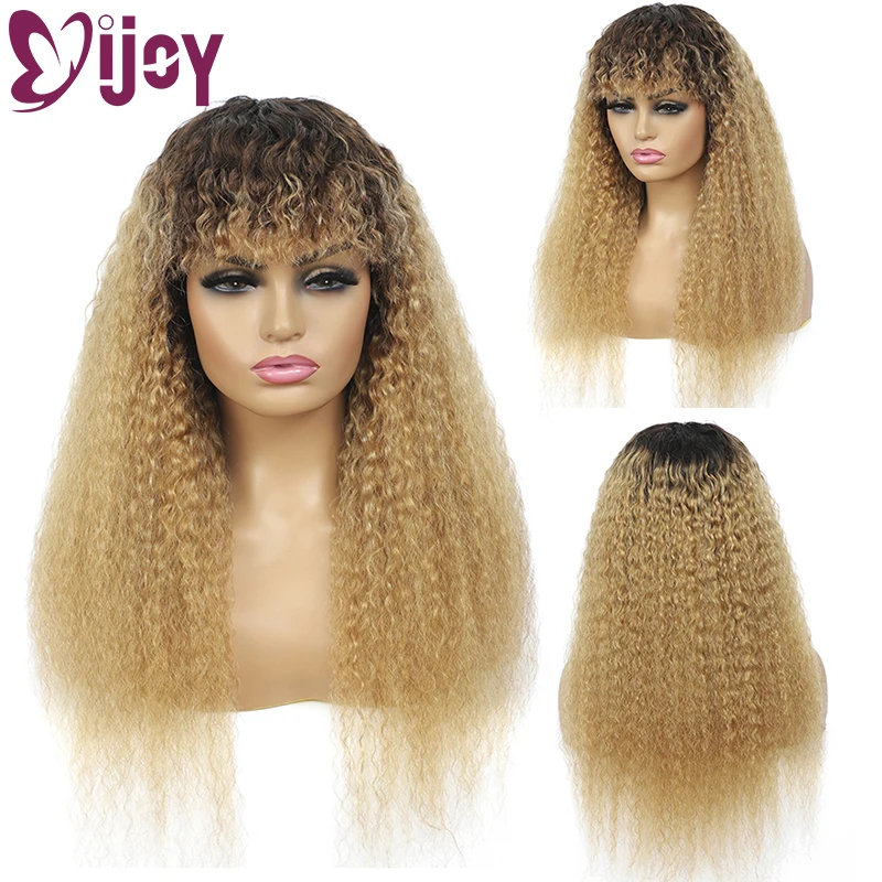 Ombre 1b/27 Honey Blonde Wig Kinky Straight Brazilian Human Hair Wigs With Bangs IJOY Non-Remy Full Machine Made Wig For Women