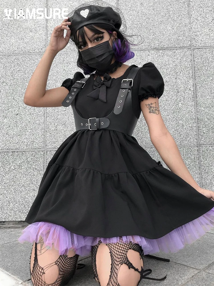 

IAMSURE Dark Ptinted Bow A-Line Dress Gothic Slim Patchwork Short Sleeve O-Neck Mini Dresses For Women Streetwear Ladies Fashion