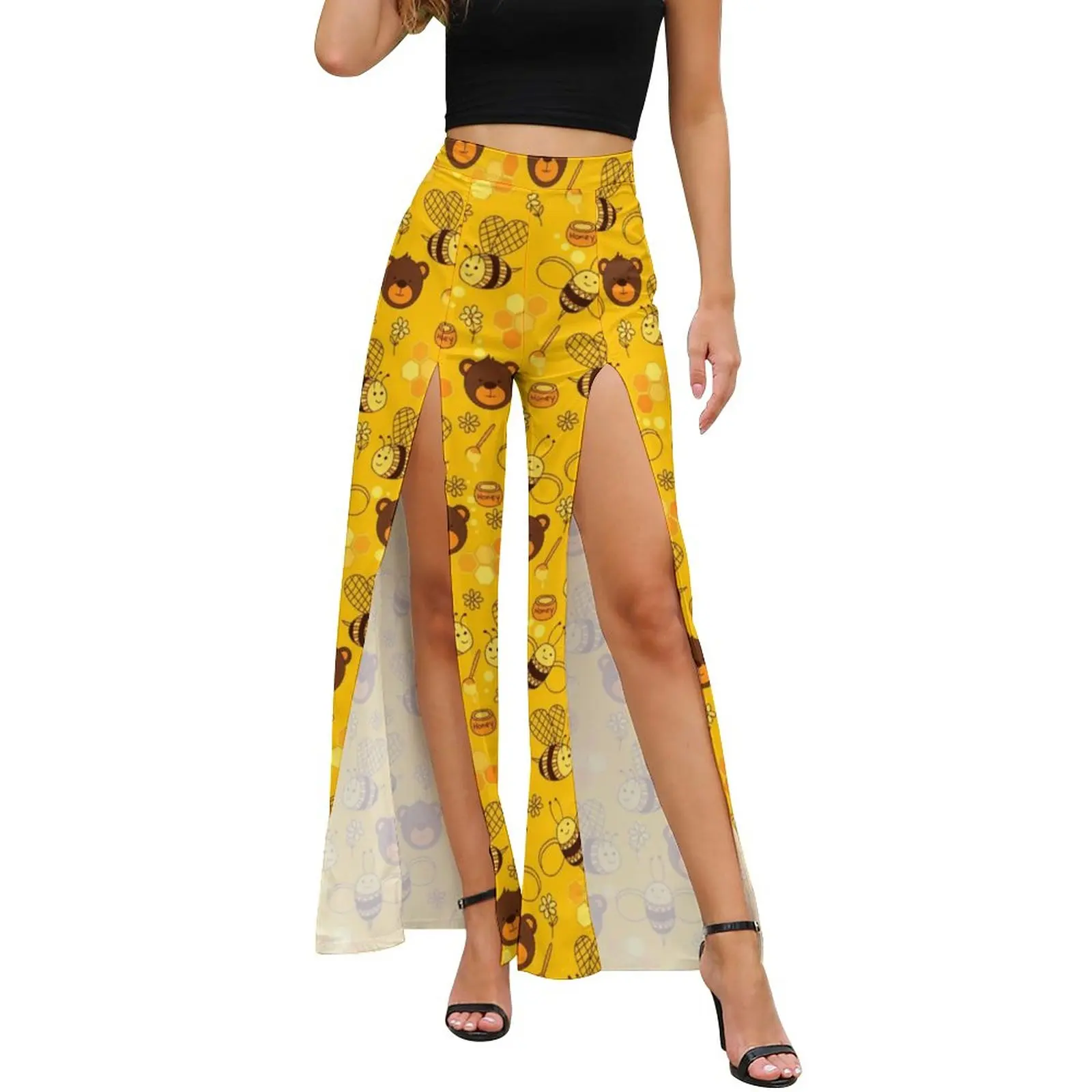 

Cartoon Bees Print Pants Summer Cute Funny Bears Modern Wide Pants Women Slit Streetwear Graphic Trousers