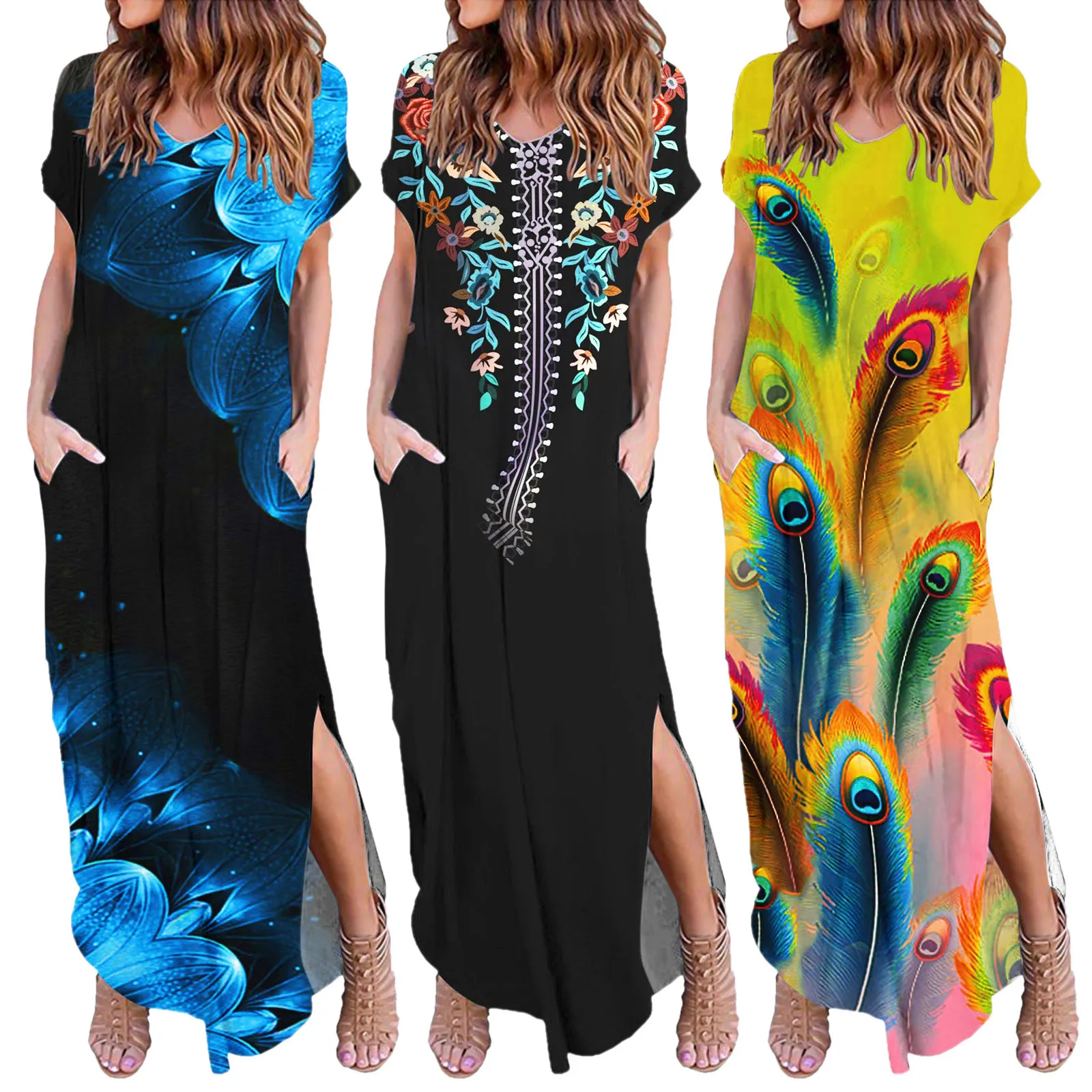 

Женское летнее платье макси с V-образным вырезом, повседневное длинное платье с карманами и цветочным принтом, короткое белое платье с корот...