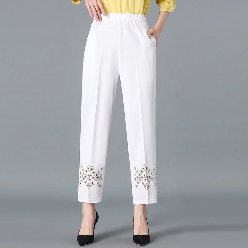 

2022 Summer Middle-aged Women Women Casual Thin Cropped Pants New Elastic High Waist Straight Pants Hollow Loose Baggy Trousers