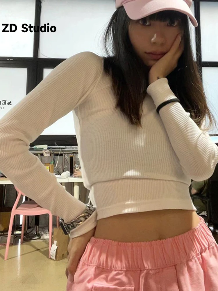 

Новинка весна-осень 2023, трикотажная Облегающая рубашка с длинным рукавом и полосками, базовая футболка с ярлыком [ZD Studio]