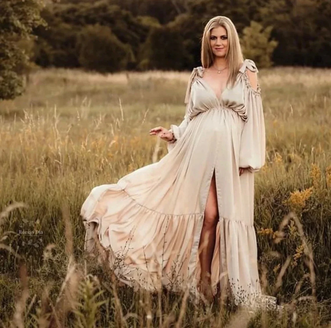 

Soft Satin A Line Maternity Robes Sexy V Neck Photography Pregnant Women Dresses Long Sleeves Front Split Baby Shower Gowns