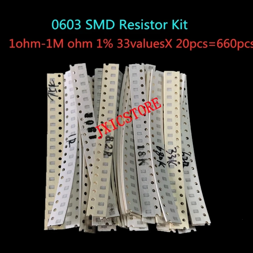 

Комплект резисторов 0603 SMD в ассортименте, 1 Ом-1М Ом 1% 33valuesX 20 шт. = 660 шт., набор образцов