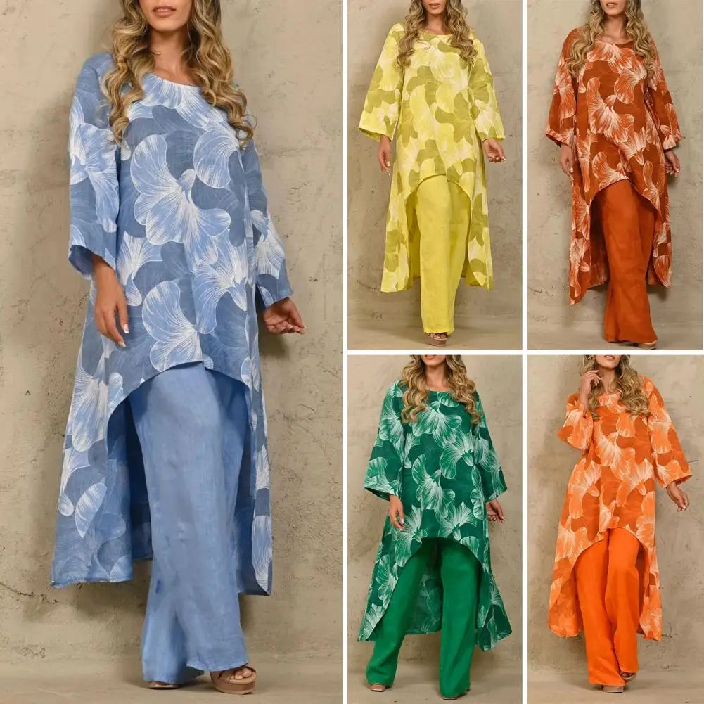 

Женский льняной комплект из 2 предметов, блузка и брюки, повседневный Дамский наряд с длинным рукавом и цветочным принтом, необычный Длинный топ и брюки, костюм на весну и лето