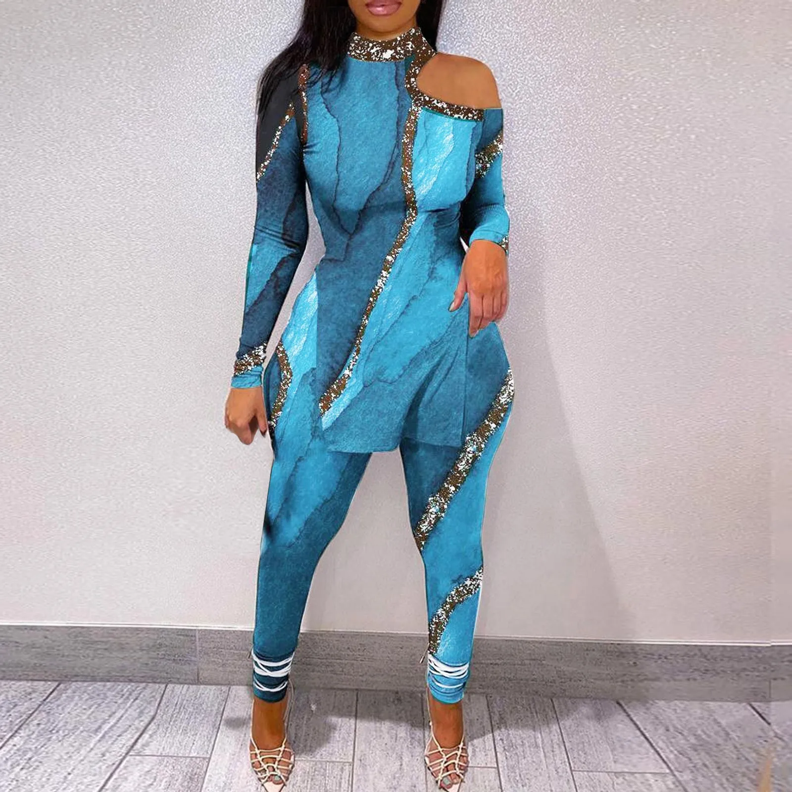 

Женский сексуальный облегающий костюм с принтом, рубашка с длинными рукавами и открытыми плечами, брюки, костюм из двух предметов, Леопардовый принт, вечерние для ночного клуба