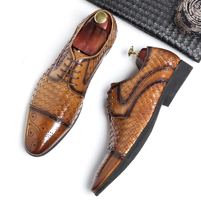 

Men's Shoes 2022 Spring New British Woven Design Genuine Leather Formal Dress Shoes Pointed Toe Men Brogues Shoes