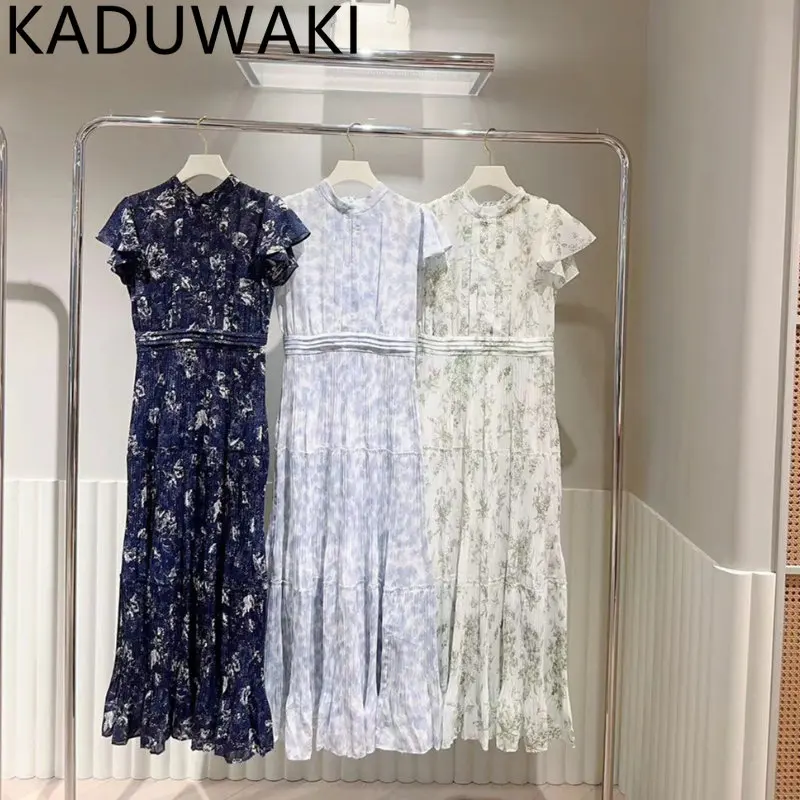 Printing Butterfly Sleeve Pleated Vestidos 2023 Spring Summer O-neck Dresses Women New Japanese Elegant Tunic Robe Femme