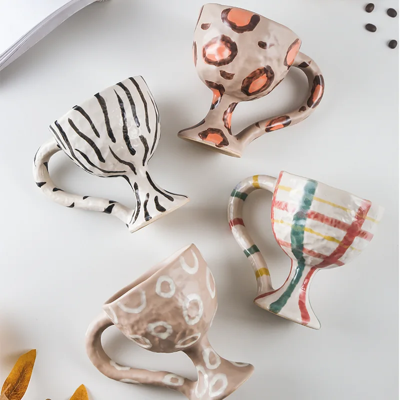 

Korean Hand-painted Mug Design Ceramic Coffee Cup Breakfast Milk Mug Funny Ceramic Cup Gift Striped Leopard Decorative Cup