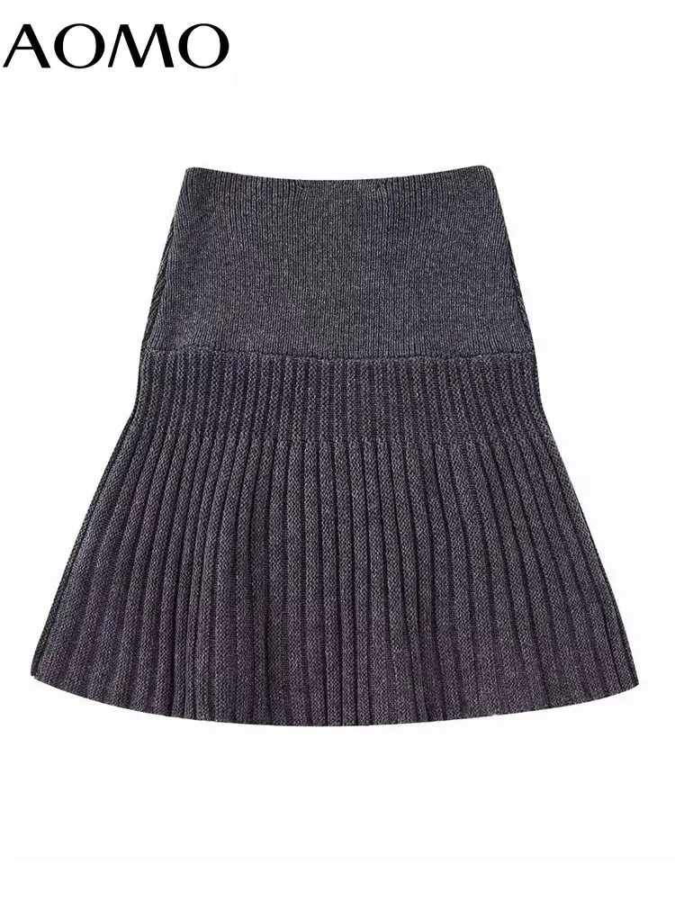 

AOMO Women 2022 A Line Ribbed Knit Mini Skirt Vintage High Waist with Elastic Waistband Female Skirts BE325A