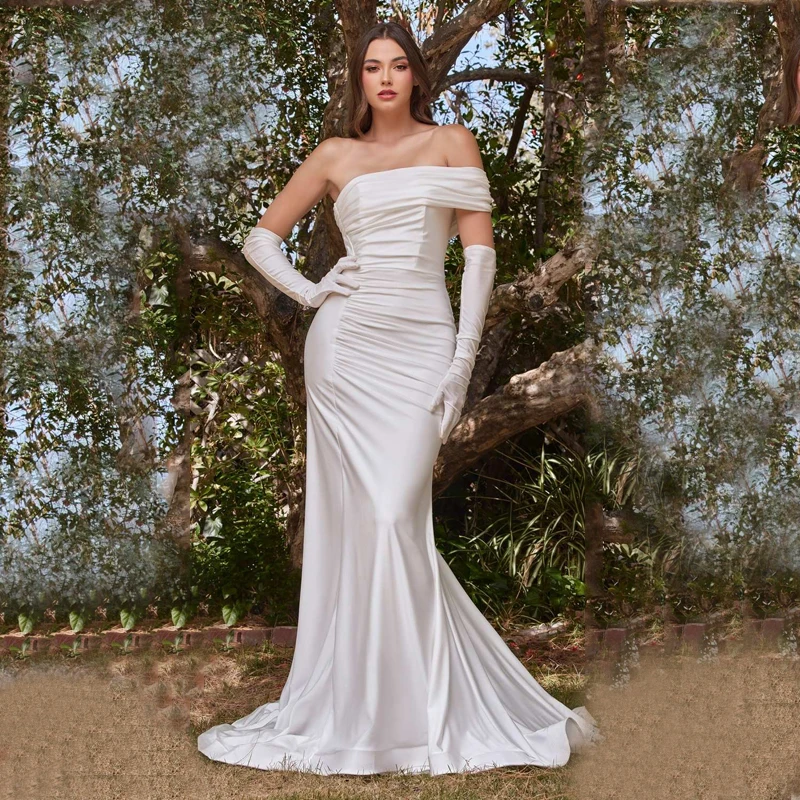 

Mermaid Evening Dress For Women 2022 Satin Strapless Off The Shoulder Ivory Prom Gowns Pleat Long Elegant Formal Party Dress