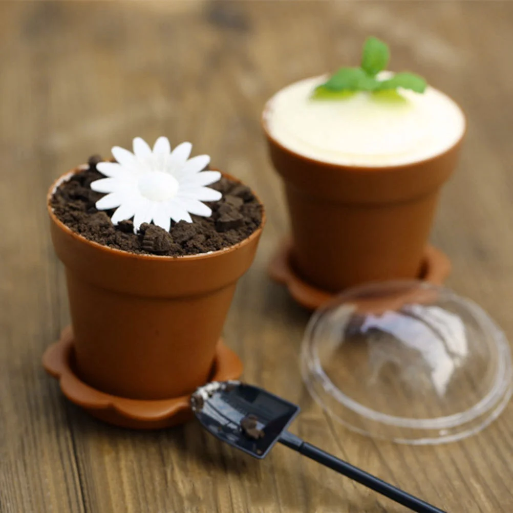 

10pcs Flowerpot Cake Cups with Lid Shovel Scoop Bottom Tray Plastic Yogurt Cup Dessert Container for Ice Cream Mousse