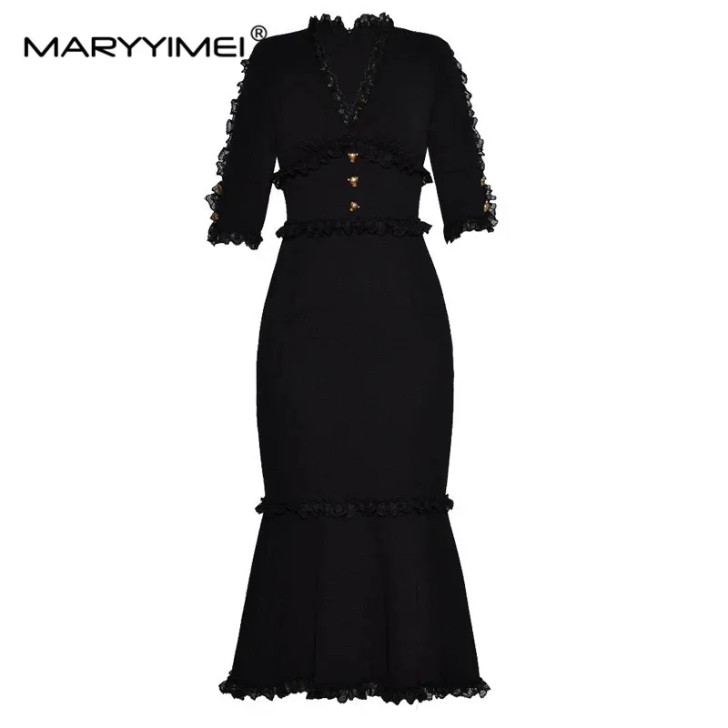 

MARYYIMEI Fashion Designer Dress Summer Women's V-neck Half sleeve Lace Button Slim Packet hip Noble Elegant Fishtail Dresses