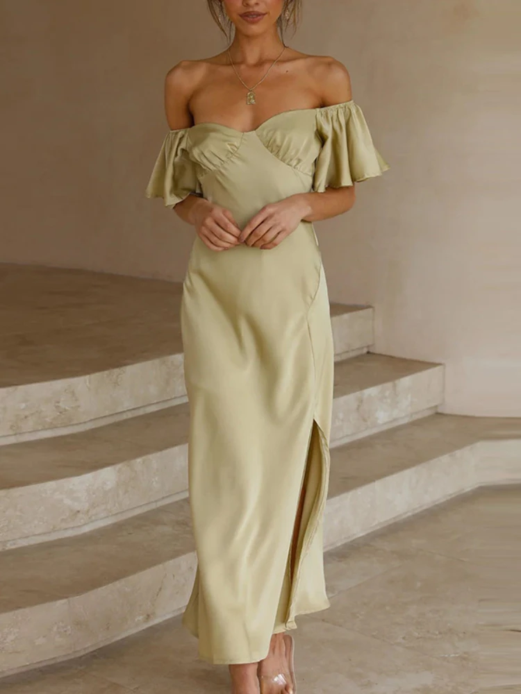 

New Fashion Women's Dress 2023 Casual Solid Color Satin Short Sleeved Sexy One Line Neck Pleated Elegant Dress for Women