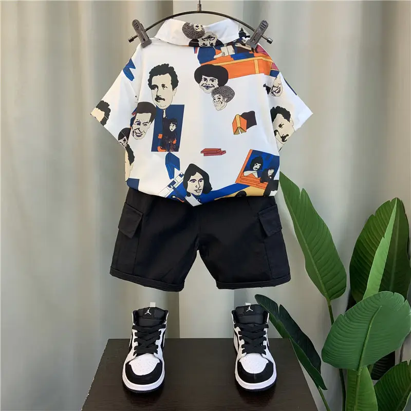 Boy's Shirt Suit 2022 New Children's Summer Western Style Fried Street Short Sleeve Baby Cool Handsome Clothes