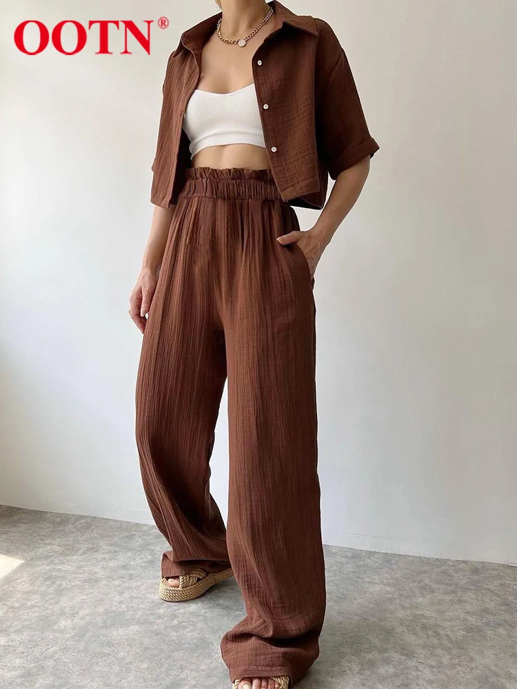 

OOTN High Street брючный комплект, хлопковый топ с отворотом и коротким рукавом, повседневный женский наряд, широкие брюки с эластичной резинкой на...