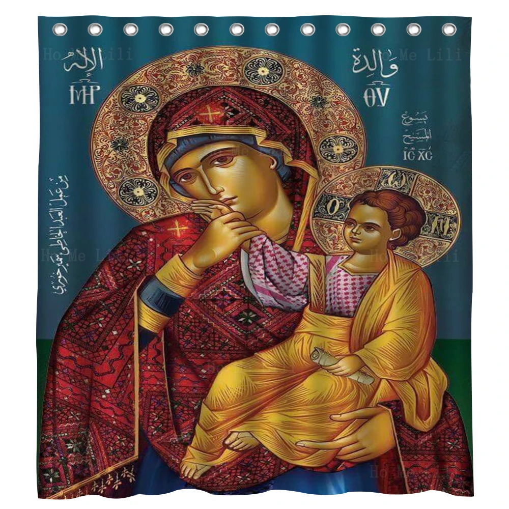 

Our Mother Of Consolation Theotokos Virgin Mary Icon Holy Pregnant Greek Orthodox Byzantine Shower Curtains