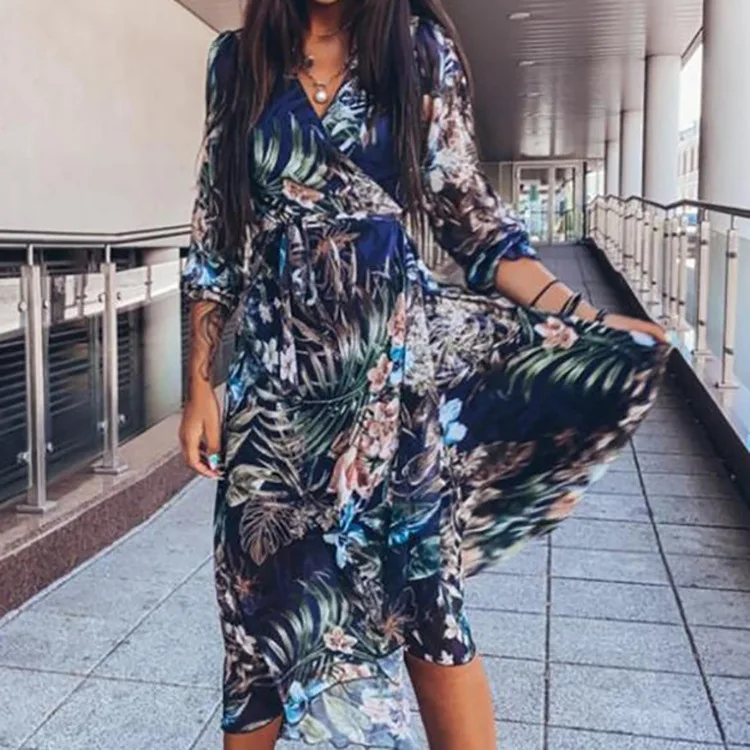 

Women's Clothing 2022 Flower Printed Casual Long Sleeve V-neck Mid-Length Large Swing Dress for Women Evening Party