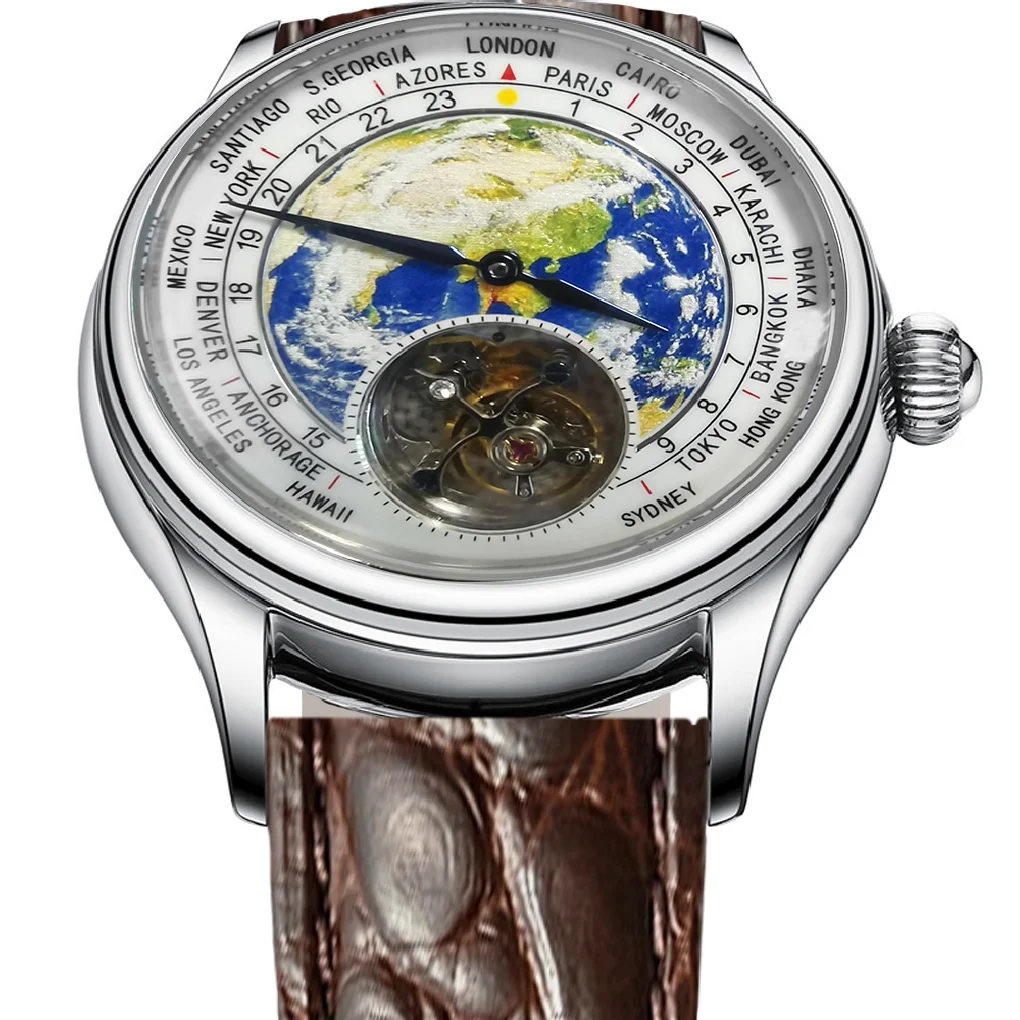 

Men's Globe Earth Tourbillon Mechanical Watches Seagull ST8000 Movement 3D Enamel Dial Sapphire 1963 Men Watch Alligator Leather