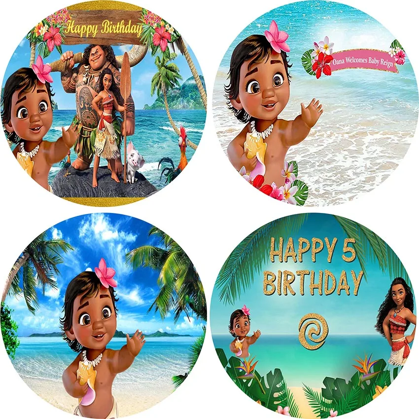 Disney Moana Party Decor Backdrop Photocall Customizable Name Birthday Baby Family Round Polyester Background Photography