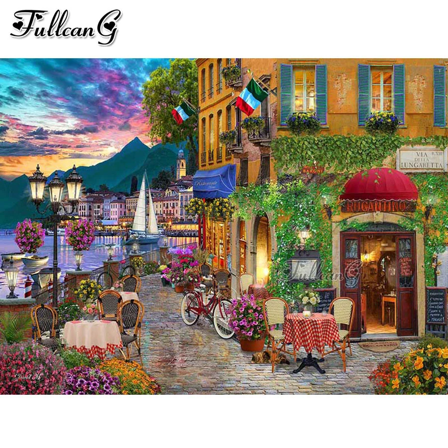 

Алмазная живопись FULLCANG с домом и озером, вышивка крестиком, мозаика для сада, украшение для дома и реки, FG0943
