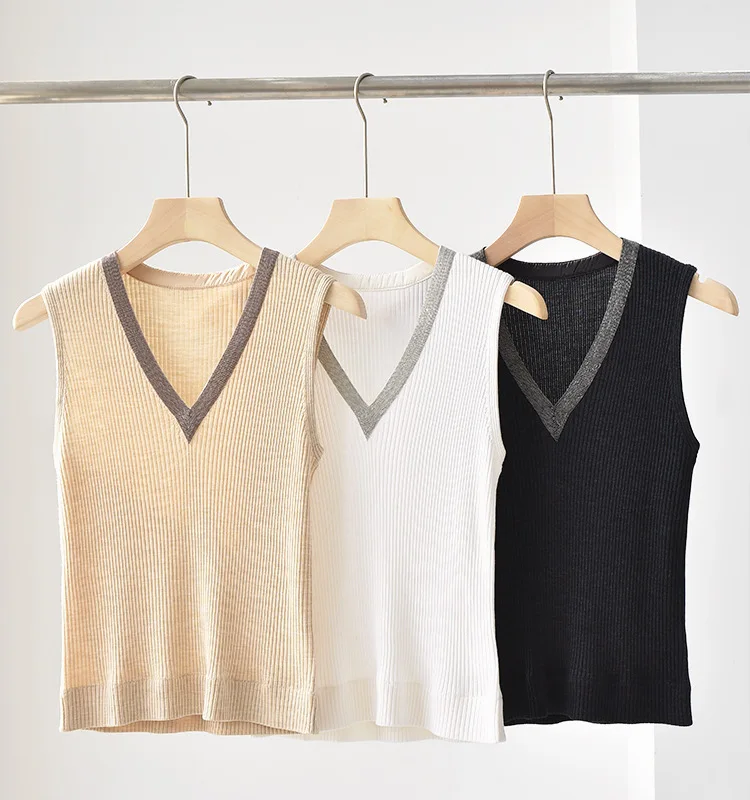 

Women Sweater Striped Bead Chain Wool Sleeveless Knitted Casual Vest