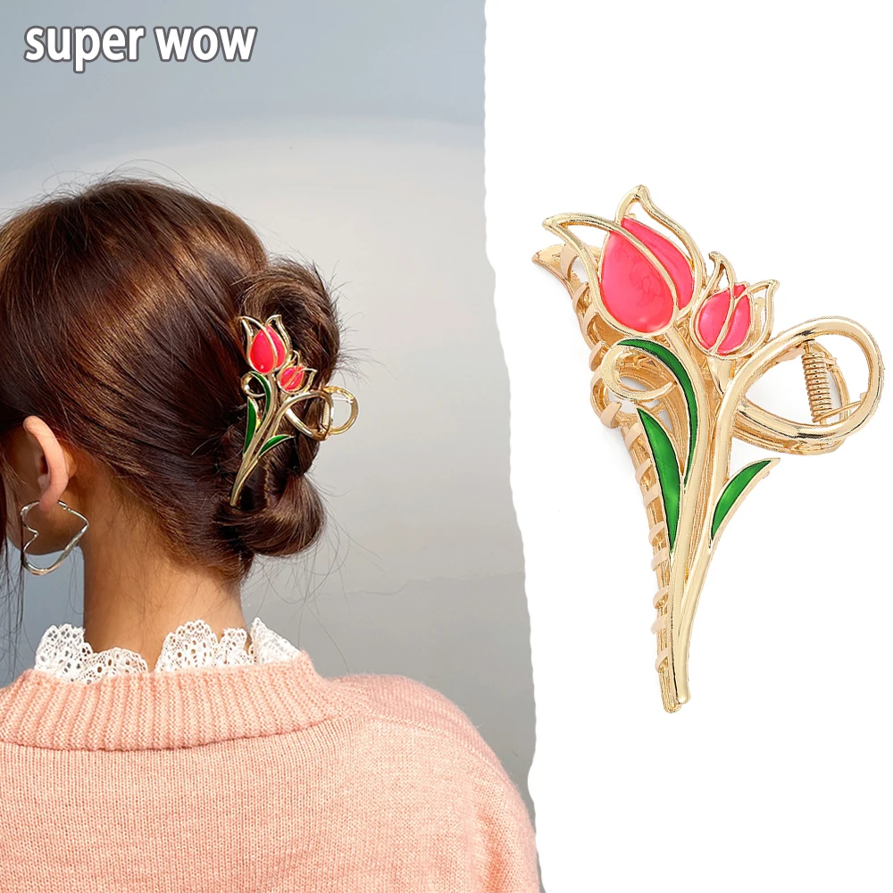 

New Women Metal Hair Claw Elegant Tulip Flowers Hair Clips Barrette Crab Headband Ponytail Clip Headwear Hair Accessories Tiara