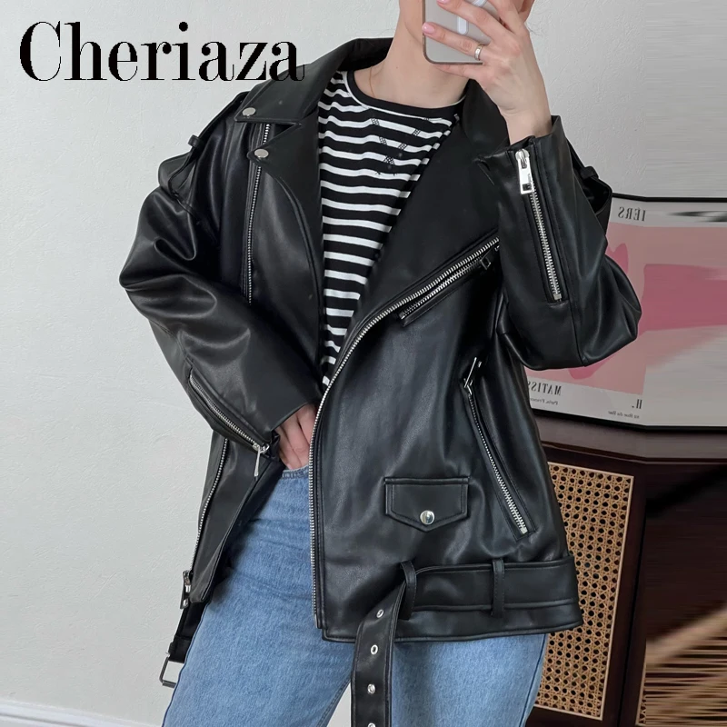 

Cheriaza Spring Autumn Woman Black Faux Leather Motorcycle Jacket Casual Loose Long Sleeves Belt Zipper Female Oversized Outerwe