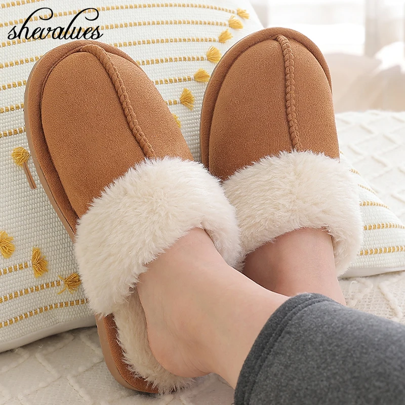 Shevalues Winter Women Furry Slippers Warm Plush Slippers Men Fashion Indoor Outdoor Fluffy Suede Mules Non-slip Cotton Shoes