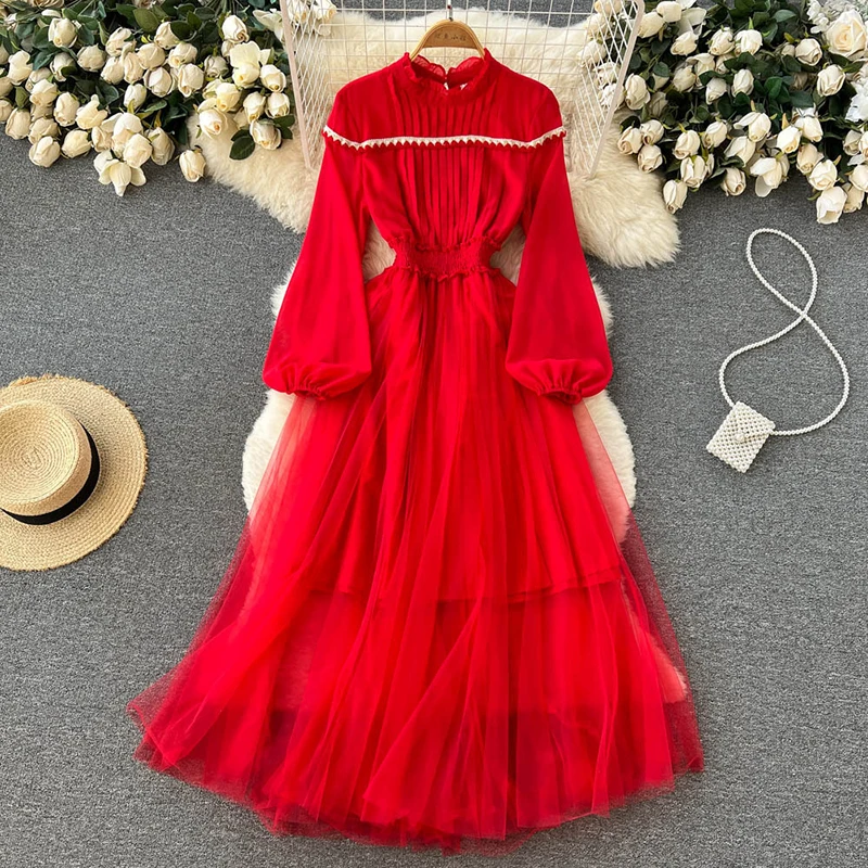 

Женское винтажное платье макси с круглым вырезом, красное Сетчатое плиссированное платье-трапеция в стиле ретро, длинные платья во французском стиле Хепберн, 2022