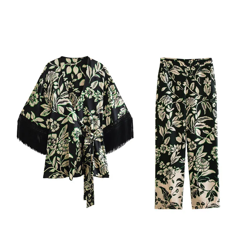 

Women Autumn Retro Print Pajamas 2 Pieces Set Temperament V-neck Tunic Kimono + Belted High Waist Straight Drape Trousers Suit