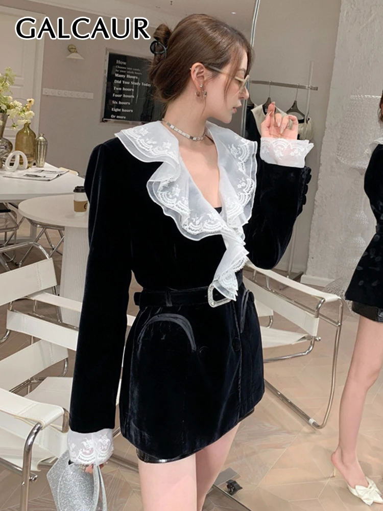 

GALCAUR Patchwork Lace Blazer For Women V Neck Long Sleeve Colorblock Straight Blazers Female Autumn Clothing Elegant 2022 Style