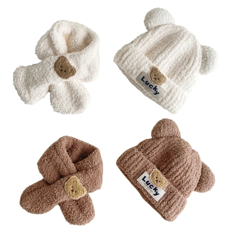 

Lovely Bear PomPoms Beanie with Matching Scarf Winter Accessories for Kids Gift DropShipping