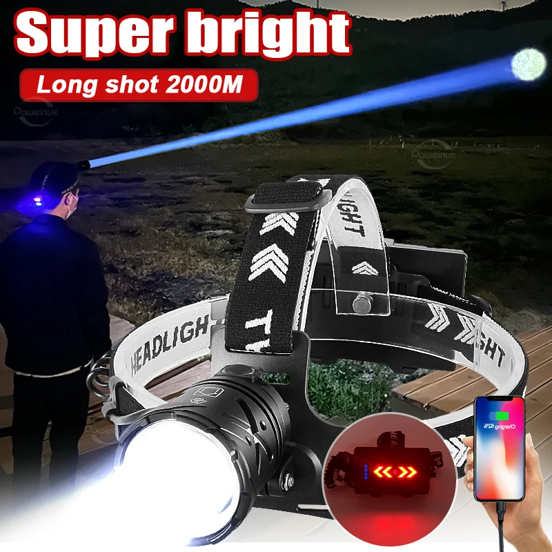 

Ultra Powerful Rechargeable Headlamp Loaded Laser Led Head Flashlight Zoomable Fishing Camping Head Lantern Power Bank Headlight