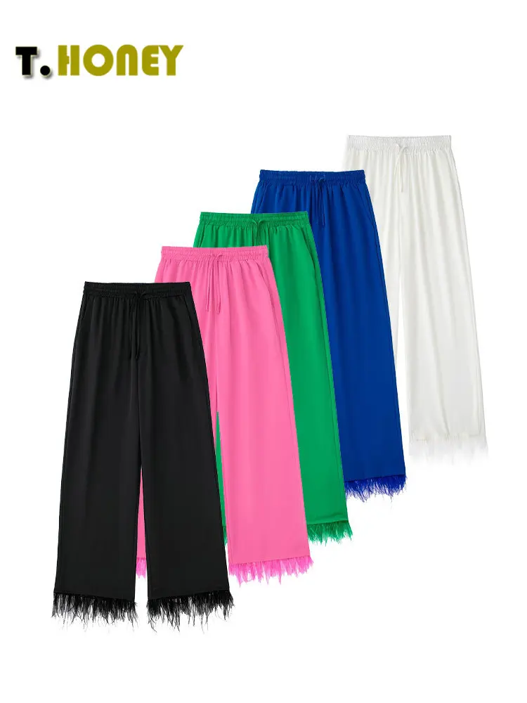 

Женские модные однотонные брюки TELLHONEY с эластичной талией, на шнуровке, с карманами, женские плиссированные свободные длинные брюки с подолом с перьями