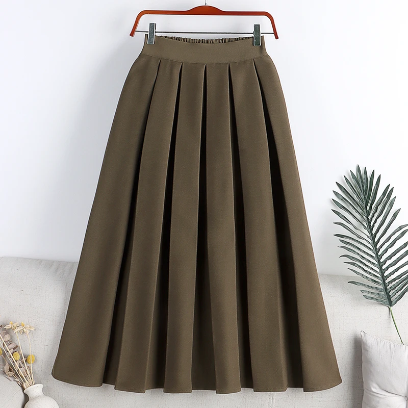 

Новинка весна-осень 2022, юбка с завышенной талией, тонкая однотонная плиссированная юбка-трапеция средней длины с широкой юбкой