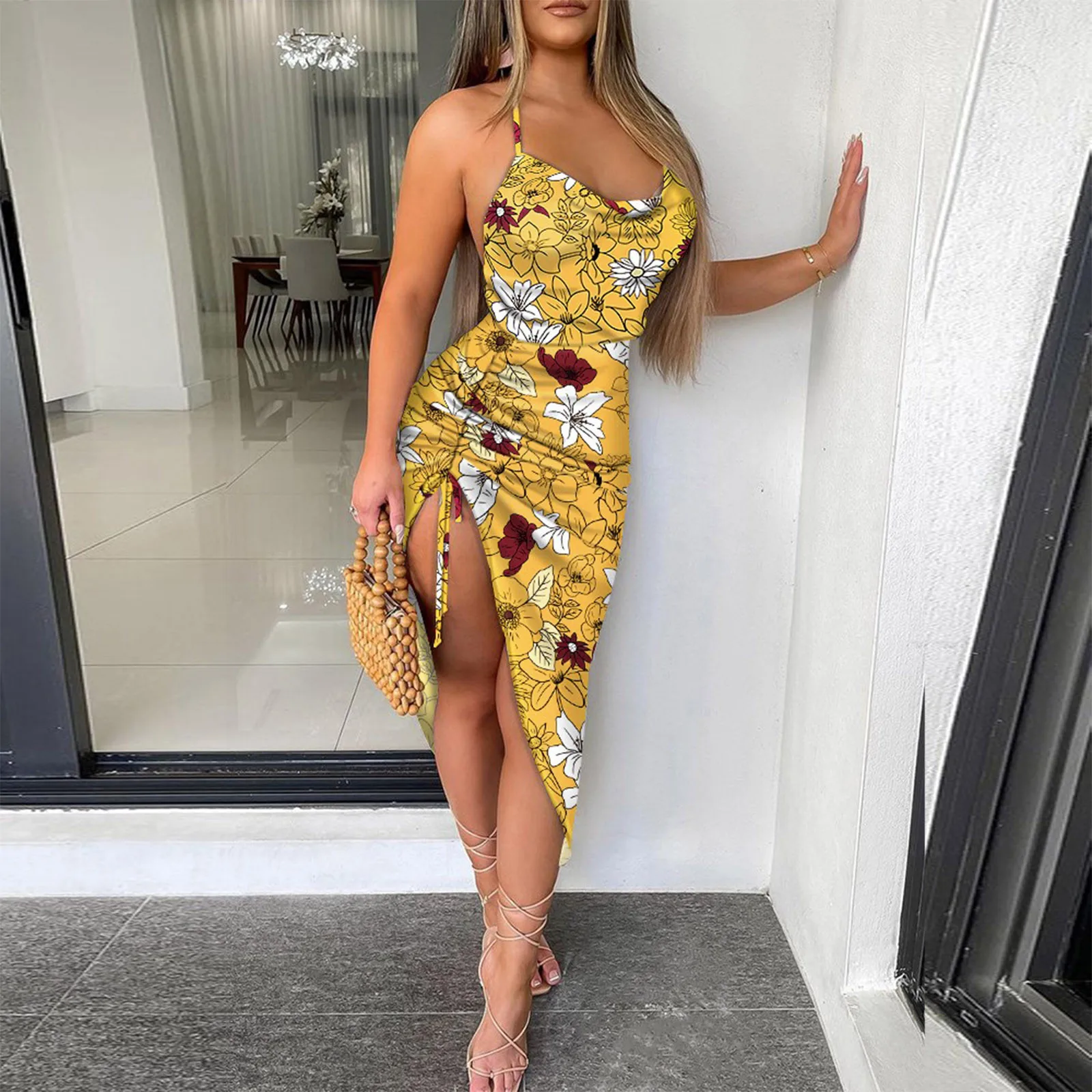 

Женское винтажное платье с высоким разрезом, облегающее платье миди с цветочным принтом, лямкой вокруг шеи и завязкой на шее, на лето