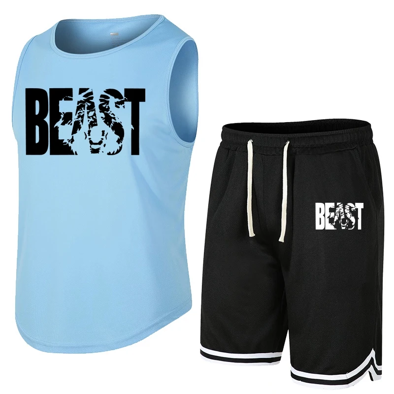 2 Pcs/Set  Set BEAST Men's Suits Running Shirts/Vests+Sports Shorts Jogging Mens Sportswear Suit Soccer Running Fitness Gym Sets